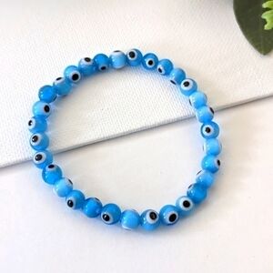 Evil Eye Dark Blue Beaded Stretch Bracelet | Handcrafted & New